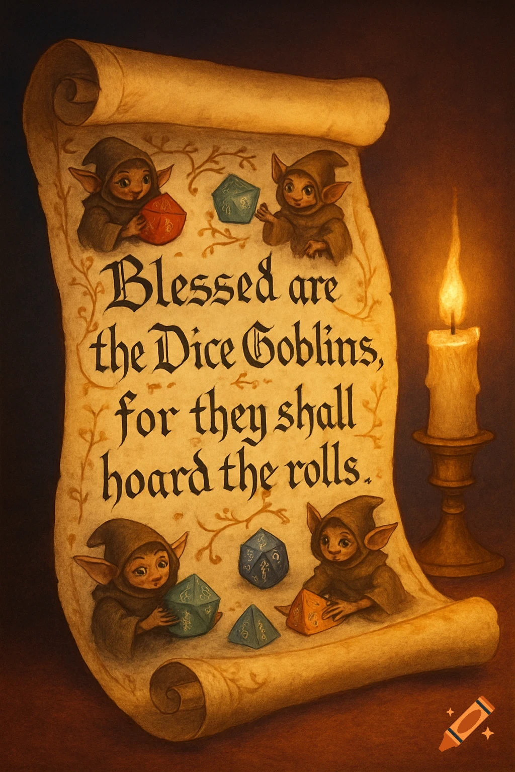 Illustrated scroll with goblins and dice, illuminated by a candle. The scroll reads: Blessed are the Dice Goblins, for they shall hoard the rolls.