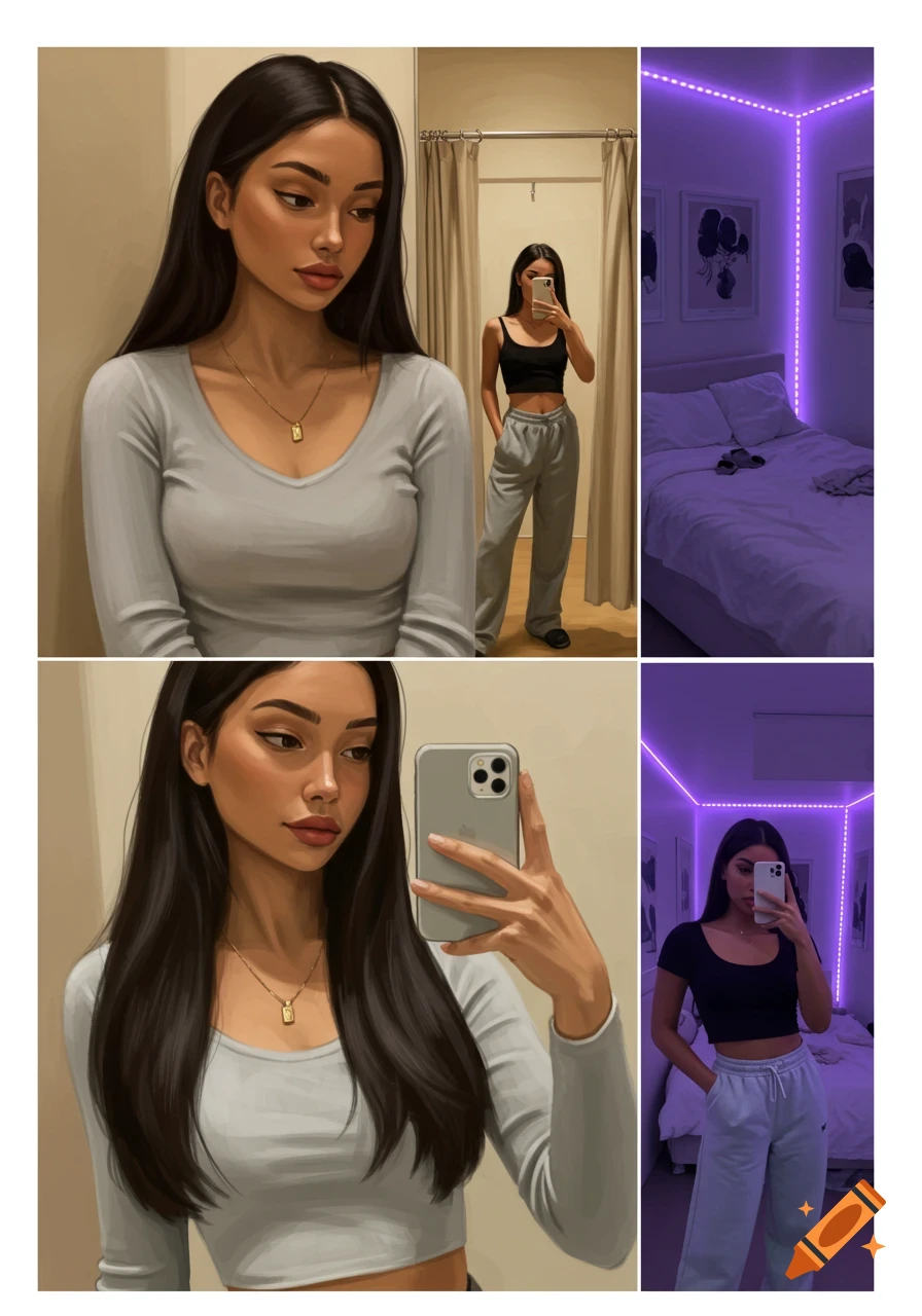 Digital art collage showing a young woman in a gray top, a black crop top and gray pants mirror selfie, and posing in a purple LED lit room.