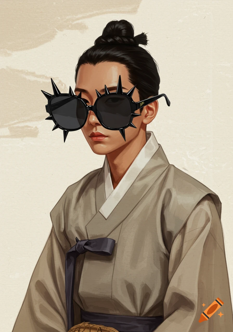 A person in traditional Korean attire with a top bun wears oversized, spiky black sunglasses, painted in a traditional coloring style.