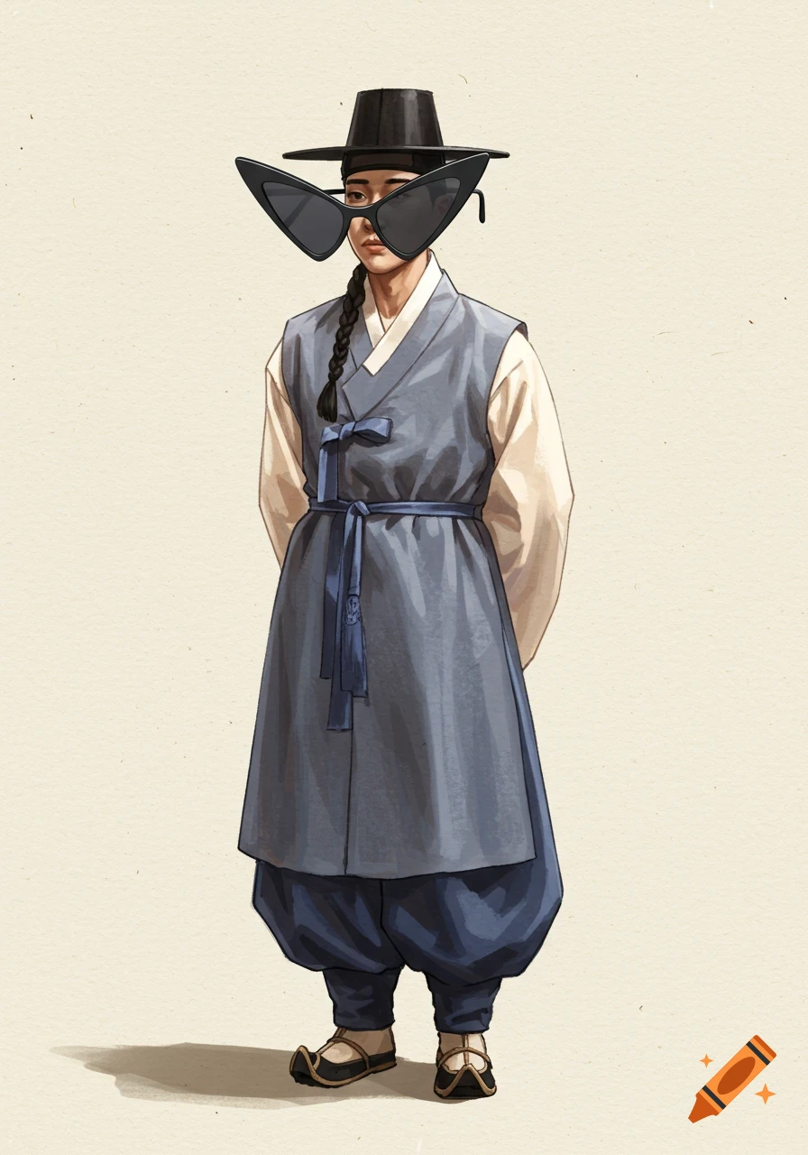 Illustration of a person in traditional Korean Joseon Dynasty attire, wearing a black hat and large pointed black sunglasses.