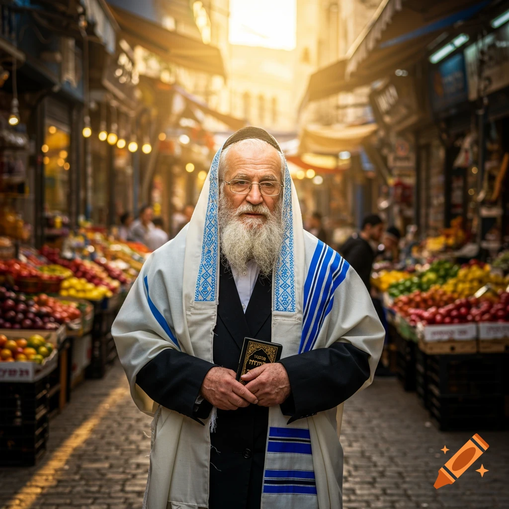 Elderly Orthodox Jewish man with a white beard, wearing a tallit, holding a book in a bustling market.