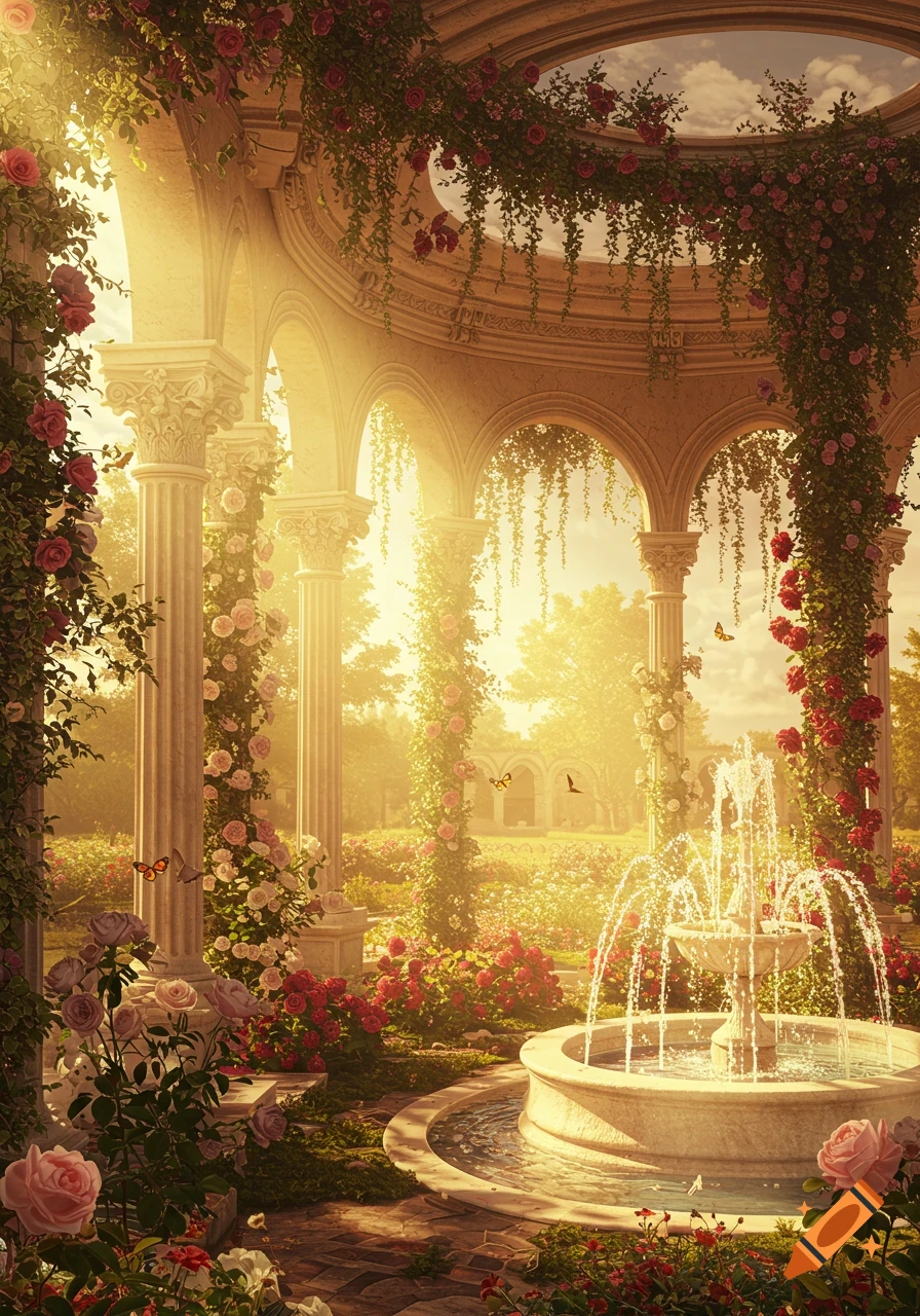 A sun-drenched, overgrown classical gazebo adorned with red and pink roses, featuring a tiered fountain in a lush garden.