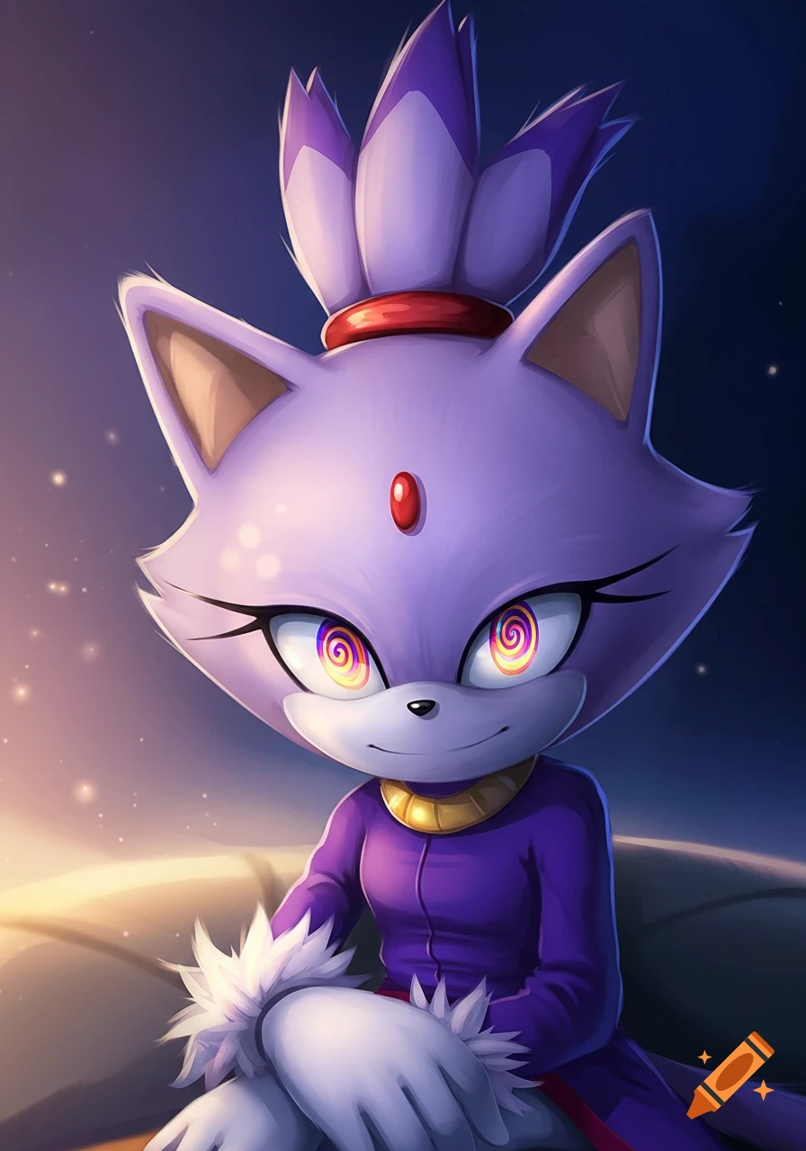 Blaze the Cat, a purple anthropomorphic cat, sits with spiral, colorful, hypnotized eyes and a calm smile.