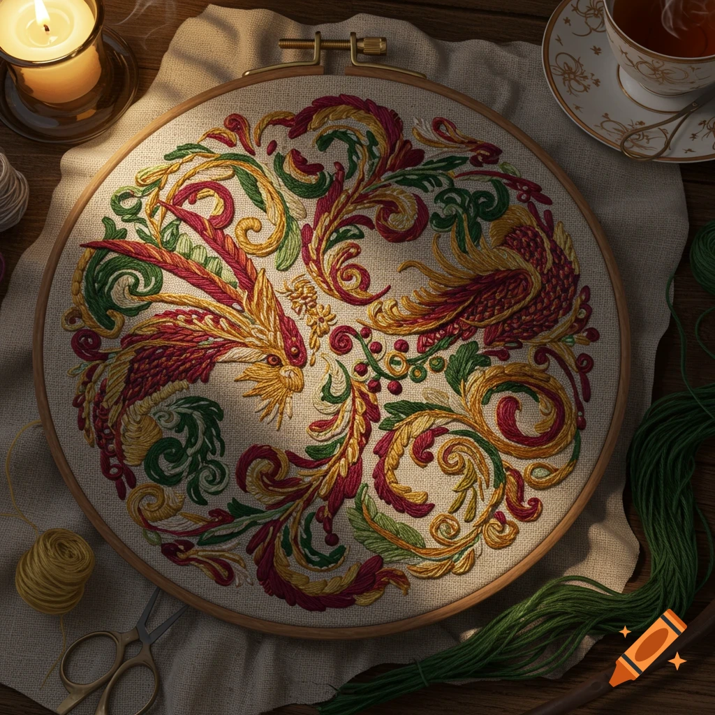 Ornate red, gold, and green embroidery in a hoop on a table with a lit candle, teacup, and crafting tools.