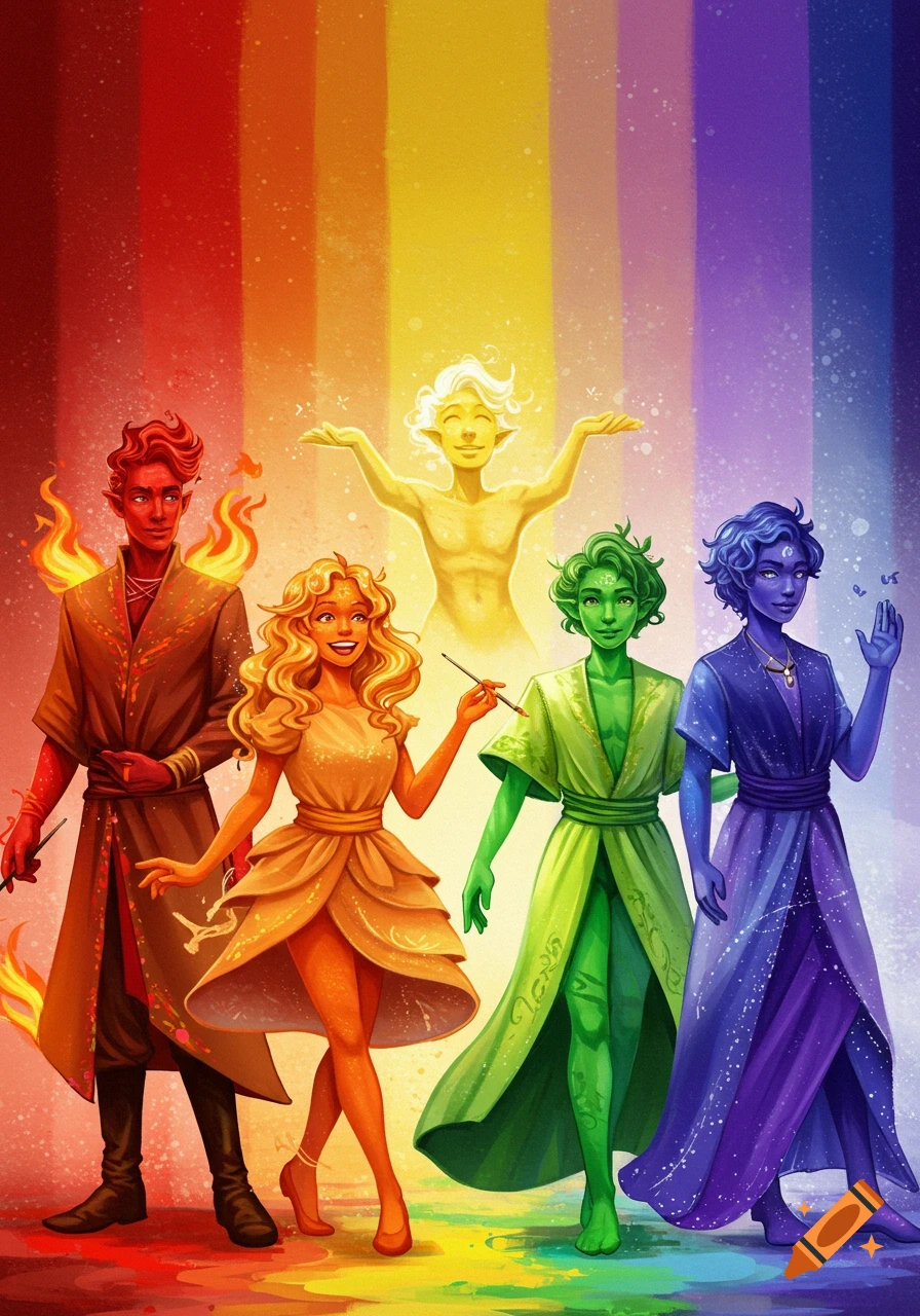 Five stylized humanoid characters representing rainbow colors: red, orange, yellow, green, and blue, standing against a striped background.