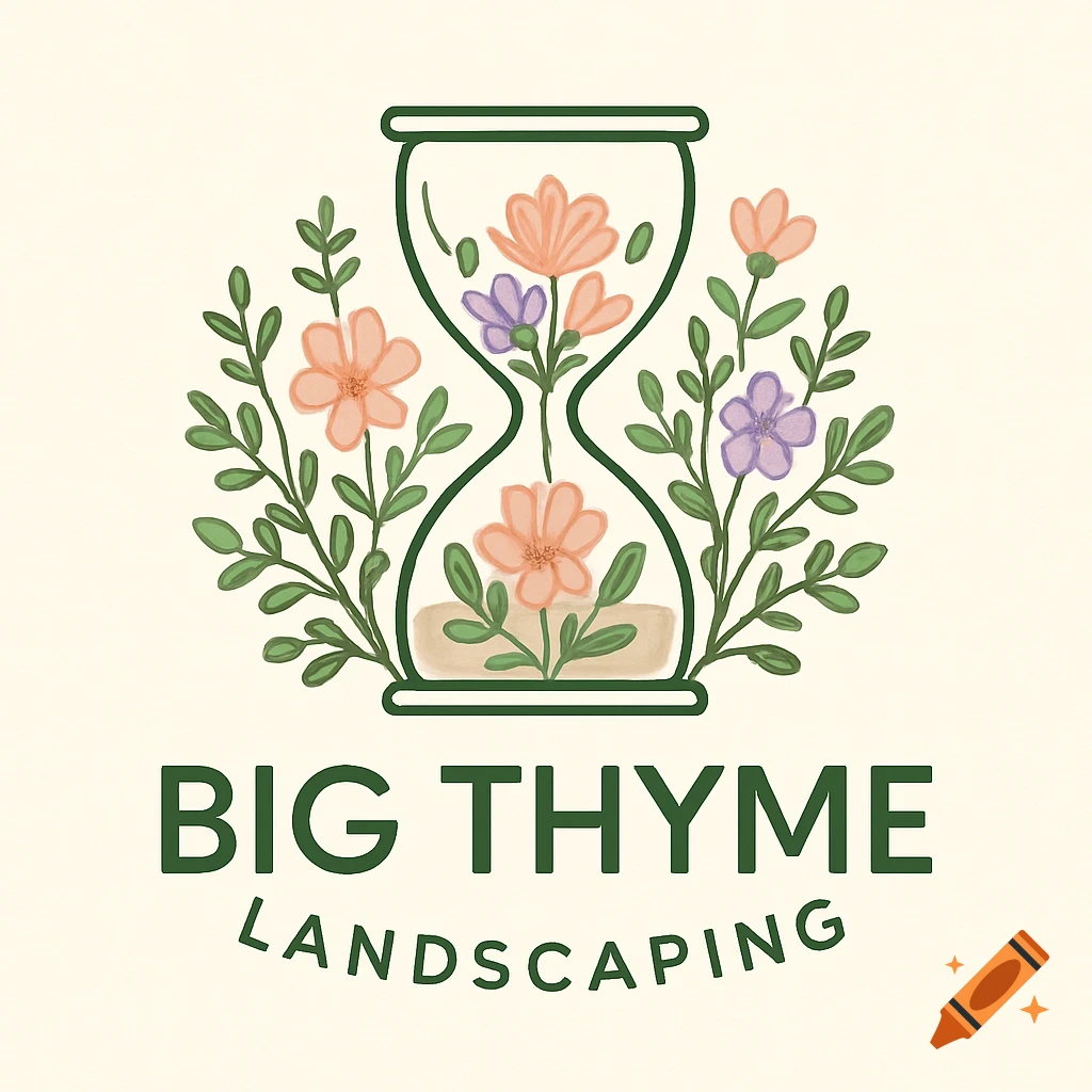 Logo for Big Thyme Landscaping with an hourglass, flowers, and leaves in a watercolor style.