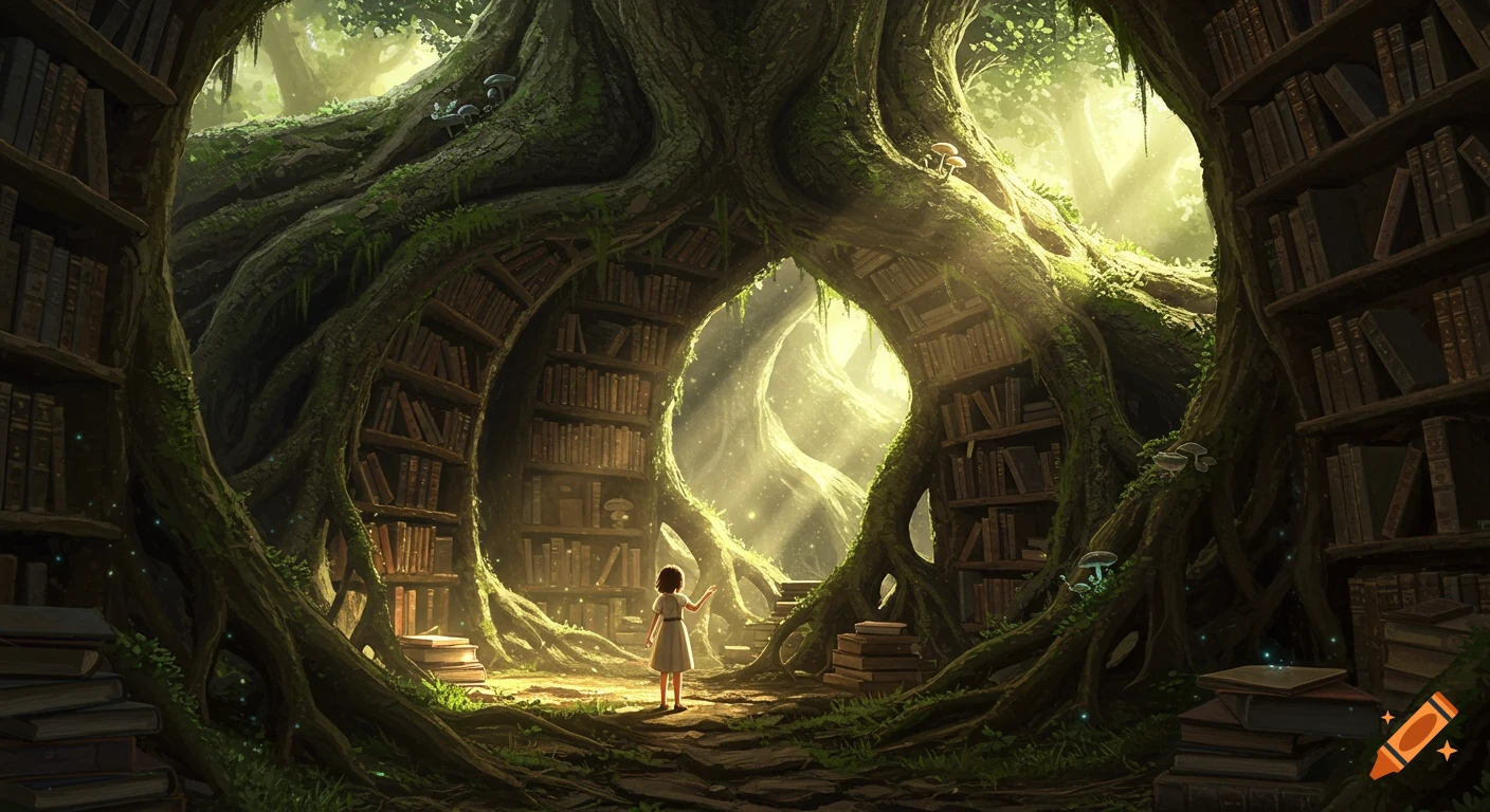 Young girl in a mystical underground library made of tree roots and old books, illuminated by golden sunbeams in a fantasy style.
