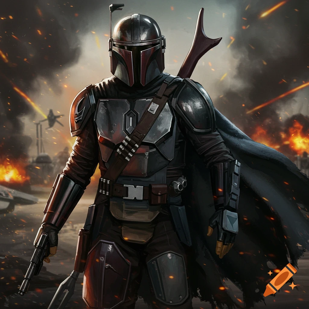 A battle-ready Mandalorian warrior in dark armor stands amidst a fiery explosion-filled battlefield, holding a blaster rifle. Digital art.