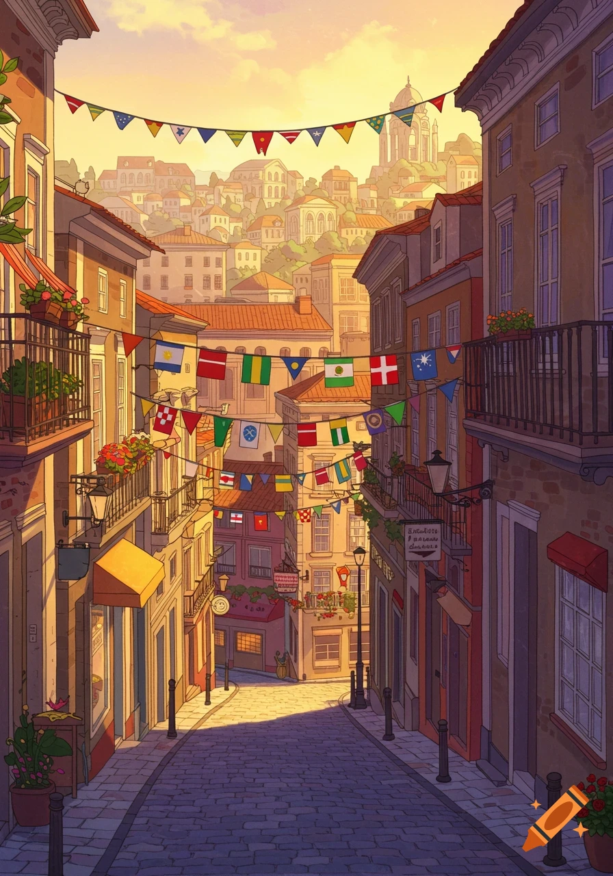 An animated-style depiction of a narrow, cobbled city street lined with buildings and strung with colorful flags overhead, under a warm sunset glow.