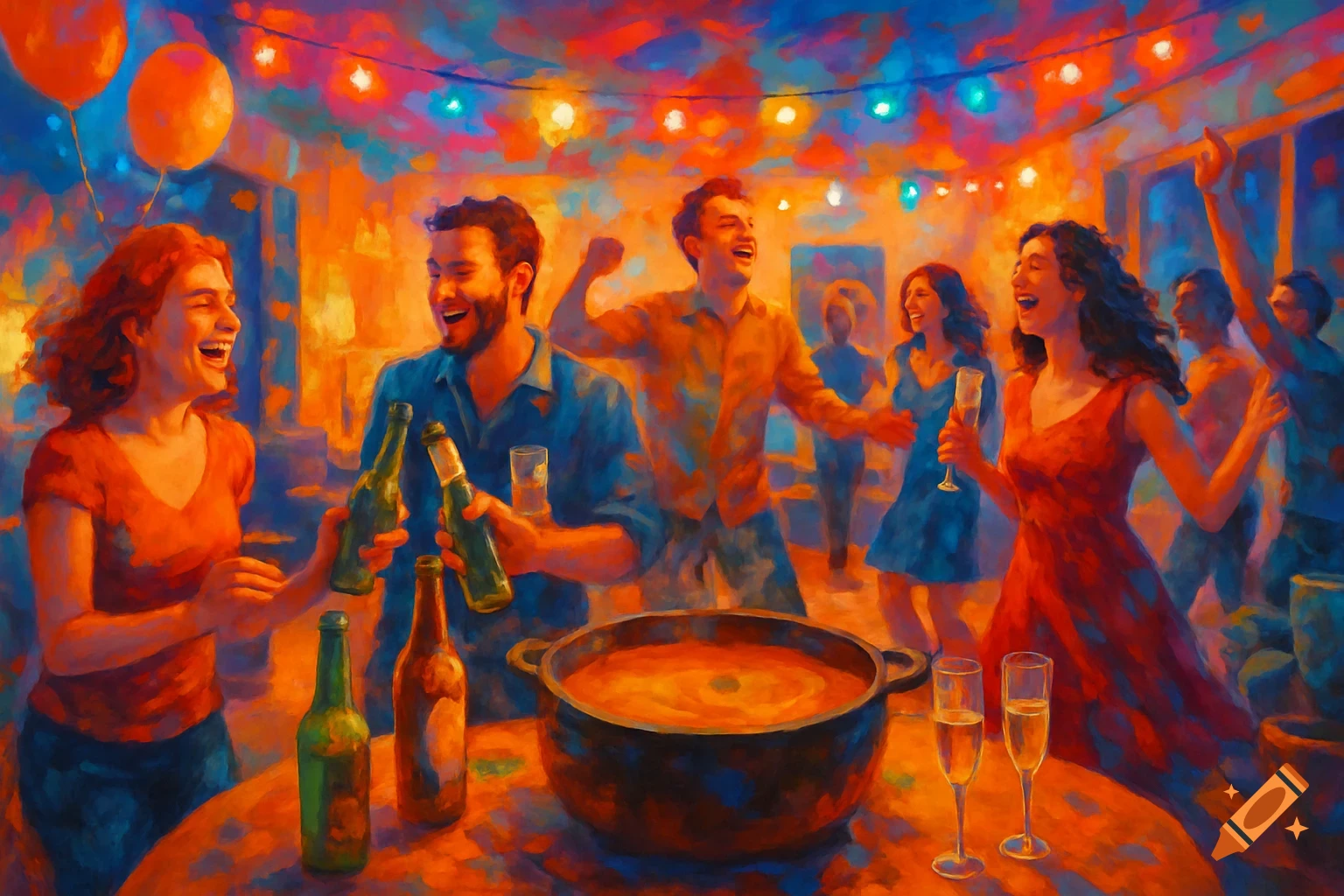 A vibrant, impressionistic painting depicts a lively party with laughing people, drinks, and a large pot of food under colorful string lights.
