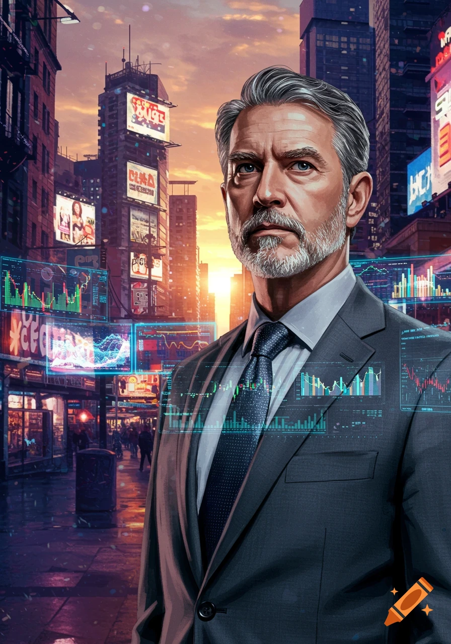 A distinguished man in a suit stands in a vibrant, futuristic city with glowing digital displays showing financial charts and data, against a sunset sky.