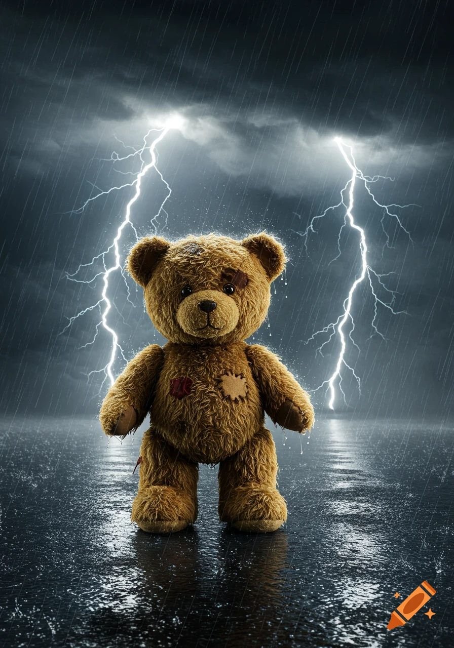 A worn brown teddy bear with patches stands in heavy rain under a dark, stormy sky with bright lightning, photorealistic.