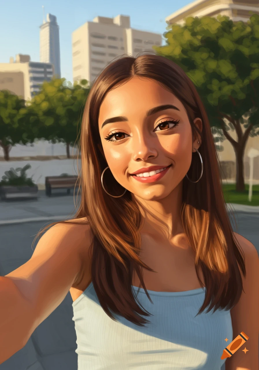 Illustrated selfie of a smiling teenage Hispanic woman with hoop earrings and a light blue top, outdoors in a city.
