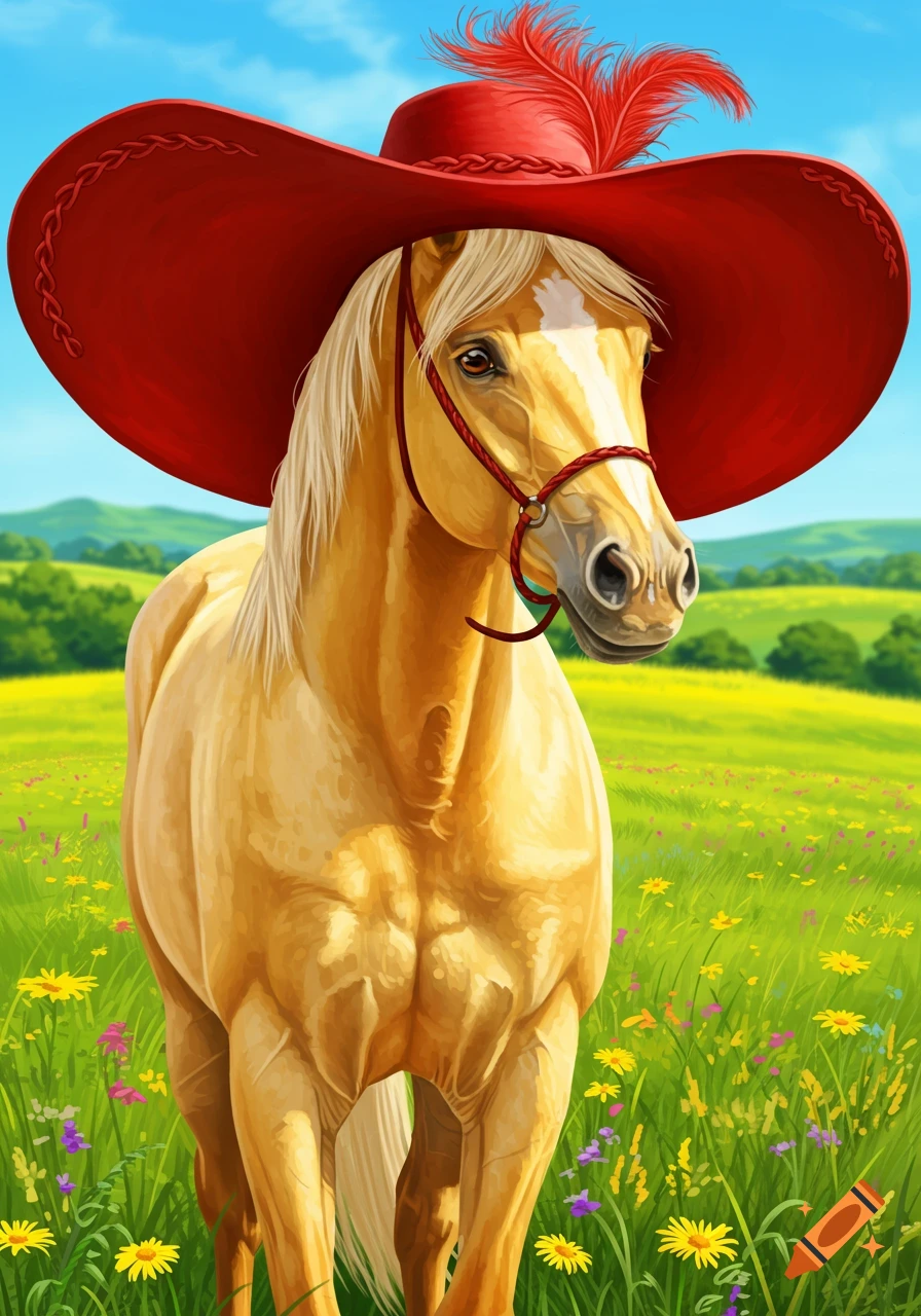 A palomino horse wearing a large red feathered hat and bridle stands in a wildflower meadow under a blue sky, in a stylized illustration.
