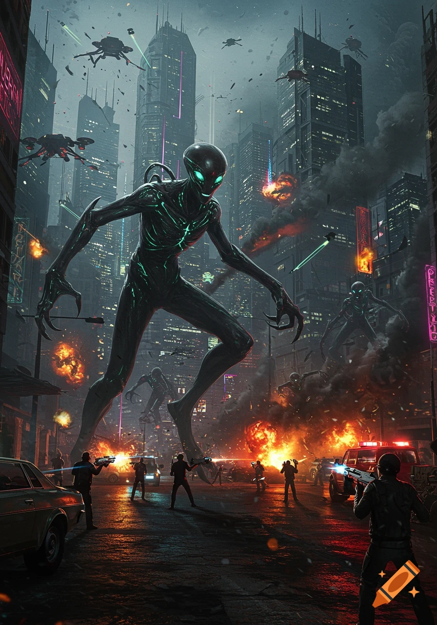Giant glowing aliens invade a futuristic city, met by armed humans amidst explosions and drones.
