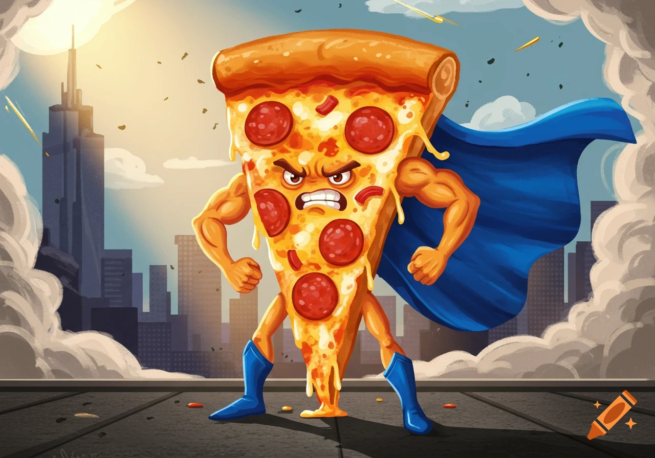 Angry superhero pepperoni pizza slice with muscular arms, legs, and a blue cape stands on a city rooftop in a cartoon style.