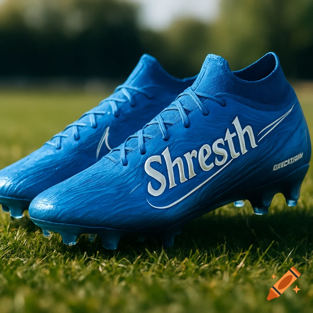 A pair of blue football boots with 'Shresth' written on the side, sitting on green grass.