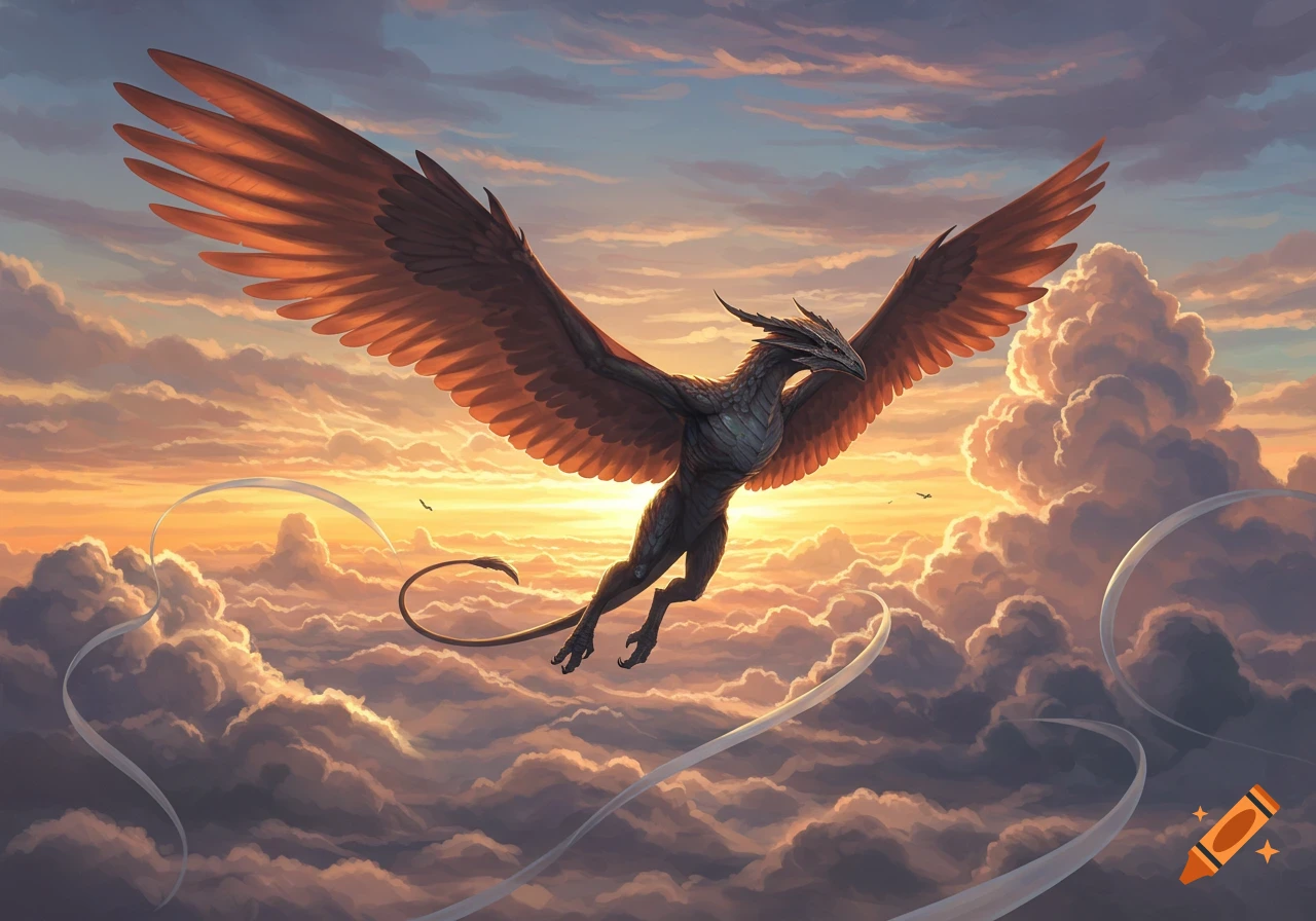 A majestic dark creature with large, reddish-brown feathered wings soars through a vibrant orange and purple sunset sky above a sea of clouds.
