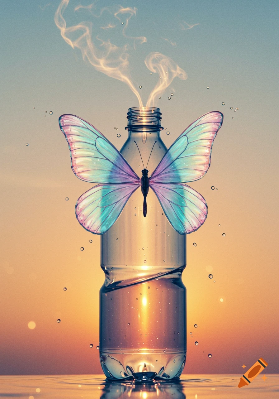 A clear plastic water bottle with iridescent blue and purple butterfly wings, emitting smoke from its neck against a golden sunset.