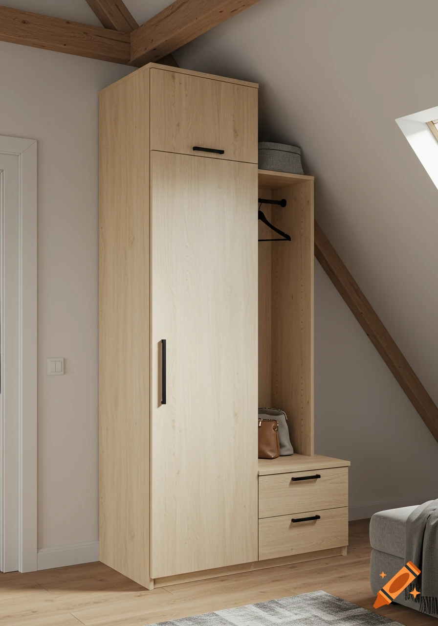 A tall light wood wardrobe and open shelving unit with drawers in an attic apartment with exposed wooden beams, photorealistic.