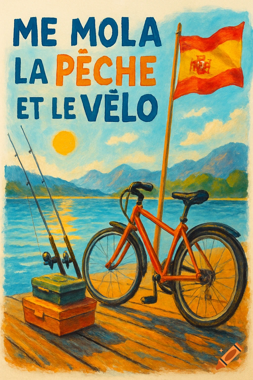 A colorful vintage-style illustration shows fishing rods, a red bicycle, and a Spanish flag on a wooden dock by a lake, with mountains under a sunny sky. Text reads 'ME MOLA LA PÊCHE ET LE VÉLO'.