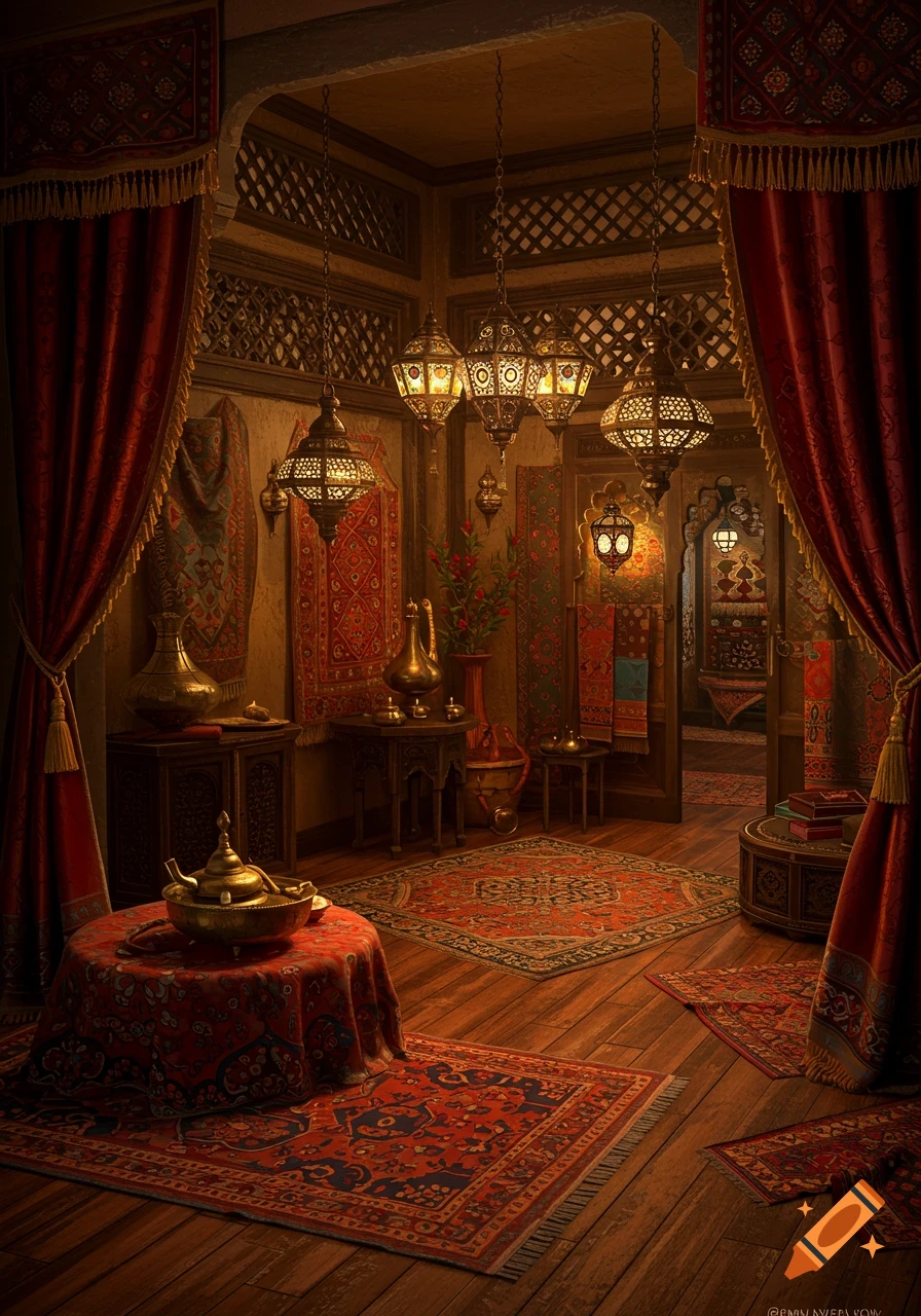 Ornate room with Arabic style, featuring red curtains, patterned rugs, hanging lanterns, brass objects, and dark wood furniture.