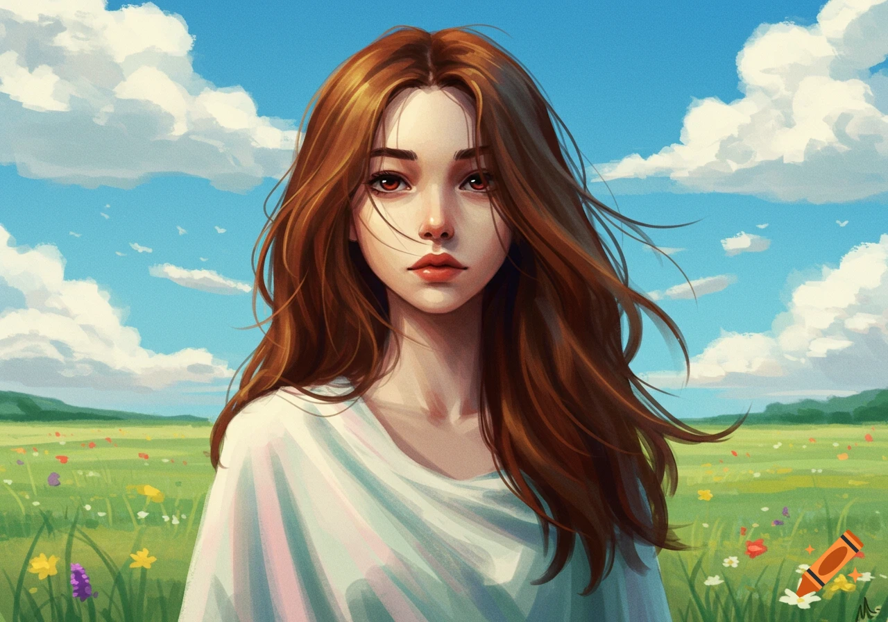 An illustration of a young woman with long brown hair and red eyes in a white top, standing in a wildflower field under a blue sky.