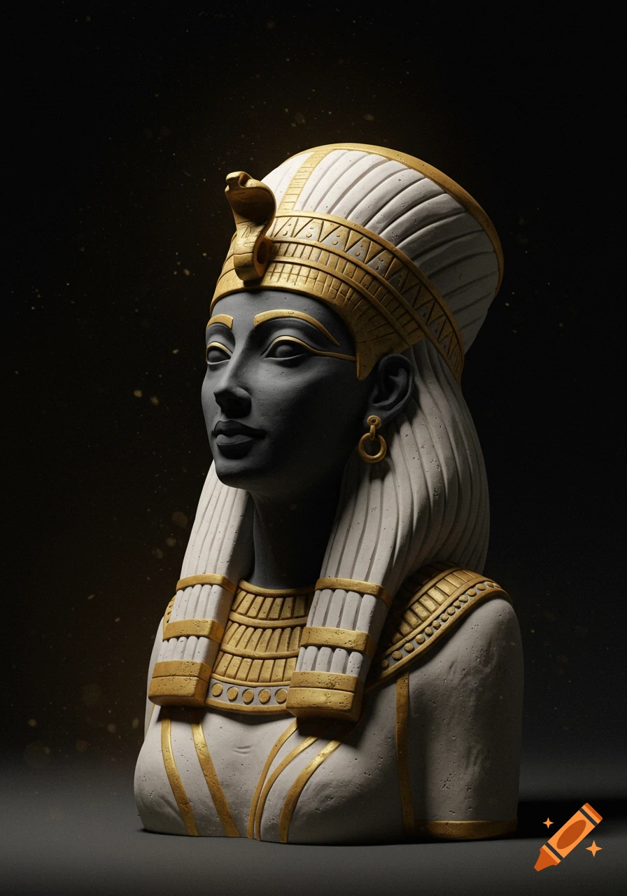A modern artistic bust of an Egyptian queen, made of dark clay with a white headdress and intricate gold accents on a dark background.