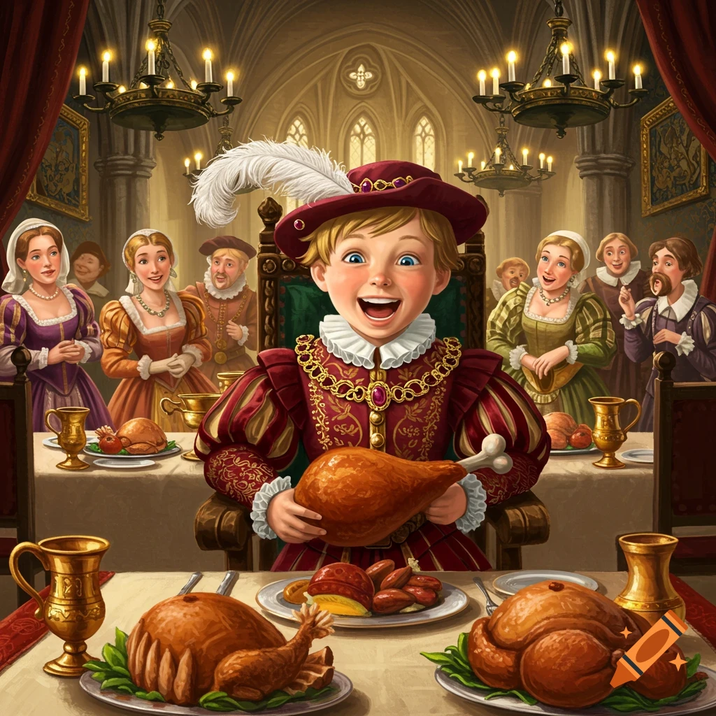 Joyful boy in elaborate historical attire holding a turkey leg at a grand banquet, surrounded by people and food. Illustrated.