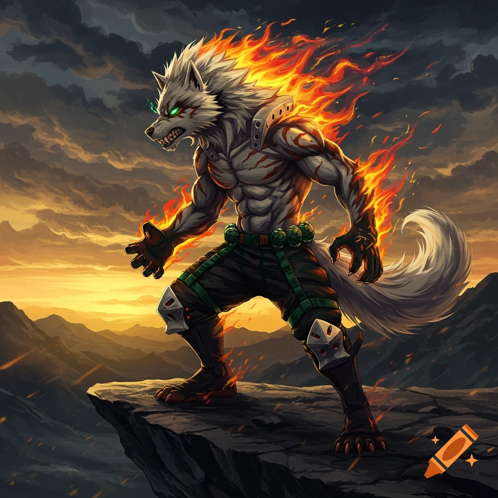 A muscular white wolf-like creature with green glowing eyes, engulfed in flames, stands on a rocky cliff overlooking mountains at sunset in an anime style.