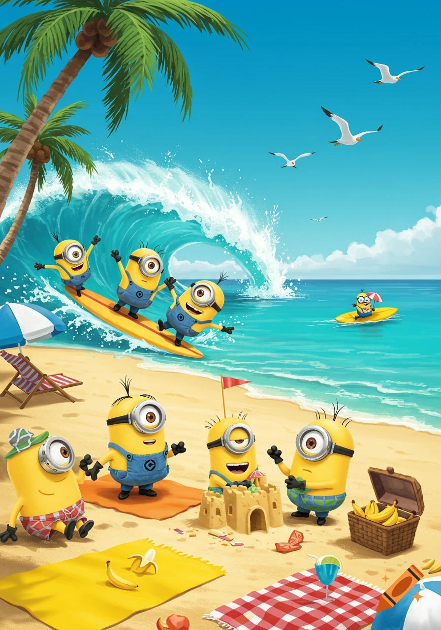 Cartoon illustration of Minions having fun at a sunny beach. Some surf a wave, others relax on the sand, and one builds a sandcastle.