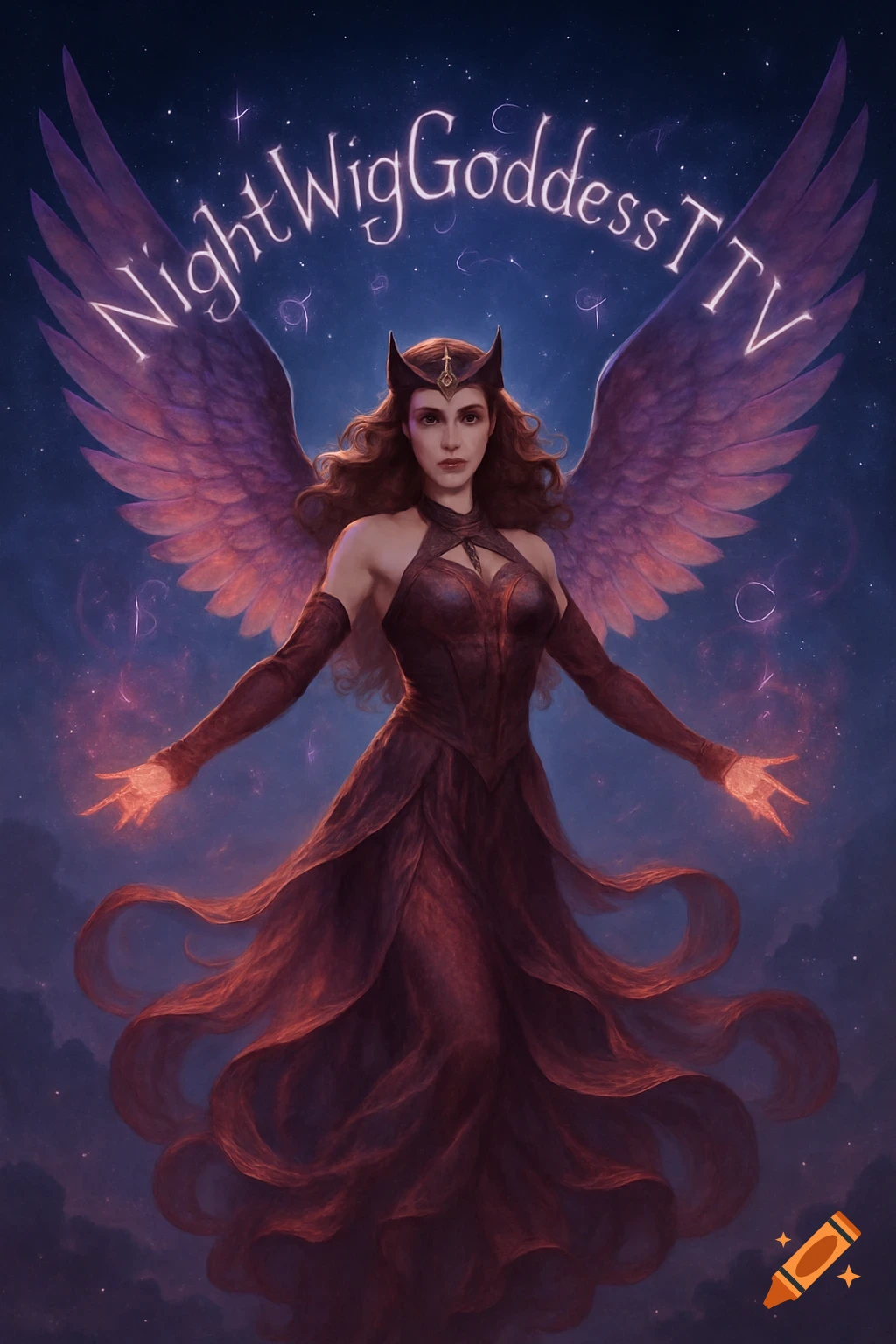 A digital art illustration of a winged woman resembling Scarlet Witch, casting magic under a starry sky with 'NightWigGoddessTTV' text.