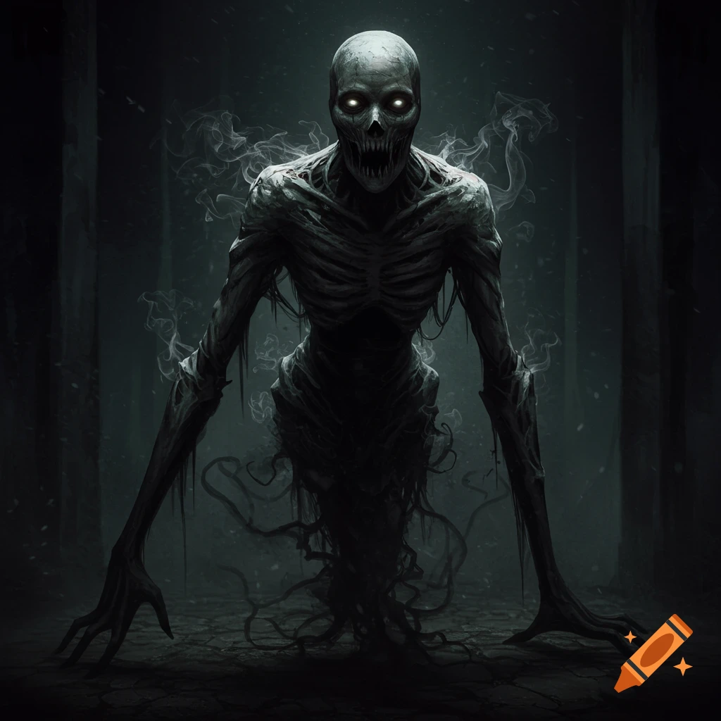 A terrifying skeletal monster with glowing eyes, stretched limbs, and smoky tendrils emerges from a dark, gloomy setting.