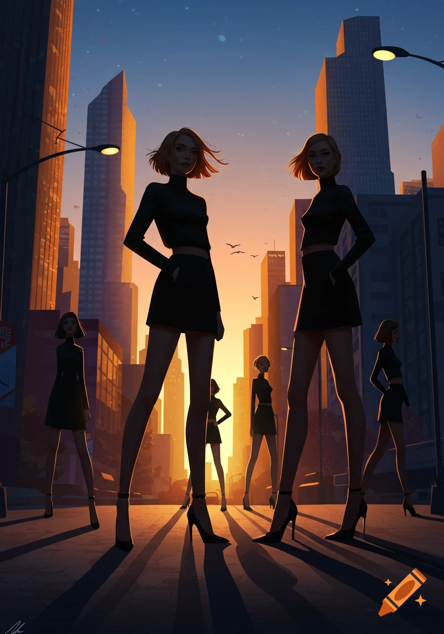 Stylized digital art of several tall women in black outfits and heels on a city street at sunset.