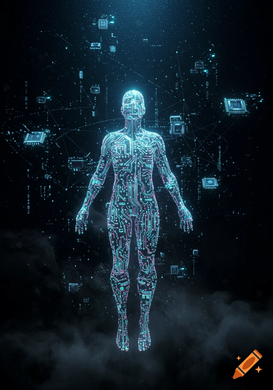 A glowing, human-shaped figure made of circuit board lines and nodes stands centrally, surrounded by floating circuit components and digital data in a dark, ethereal space.