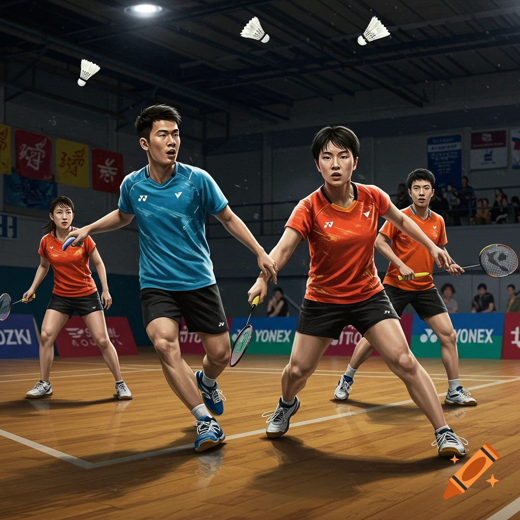 Four dynamic badminton players, two men and two women, compete on a court, rackets in hand, with shuttlecocks flying overhead. Photorealistic style.