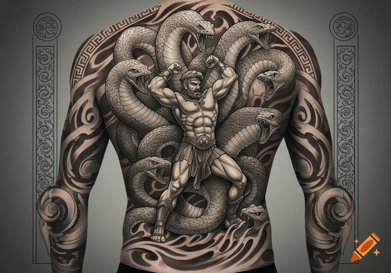 Grayscale back tattoo depicting Hercules battling the multi-headed Hydra, surrounded by intricate patterns.