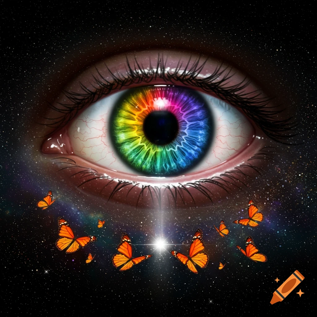 A vibrant cosmic eye with a rainbow-colored iris, surrounded by bright orange butterflies, set against a mystical starry night.