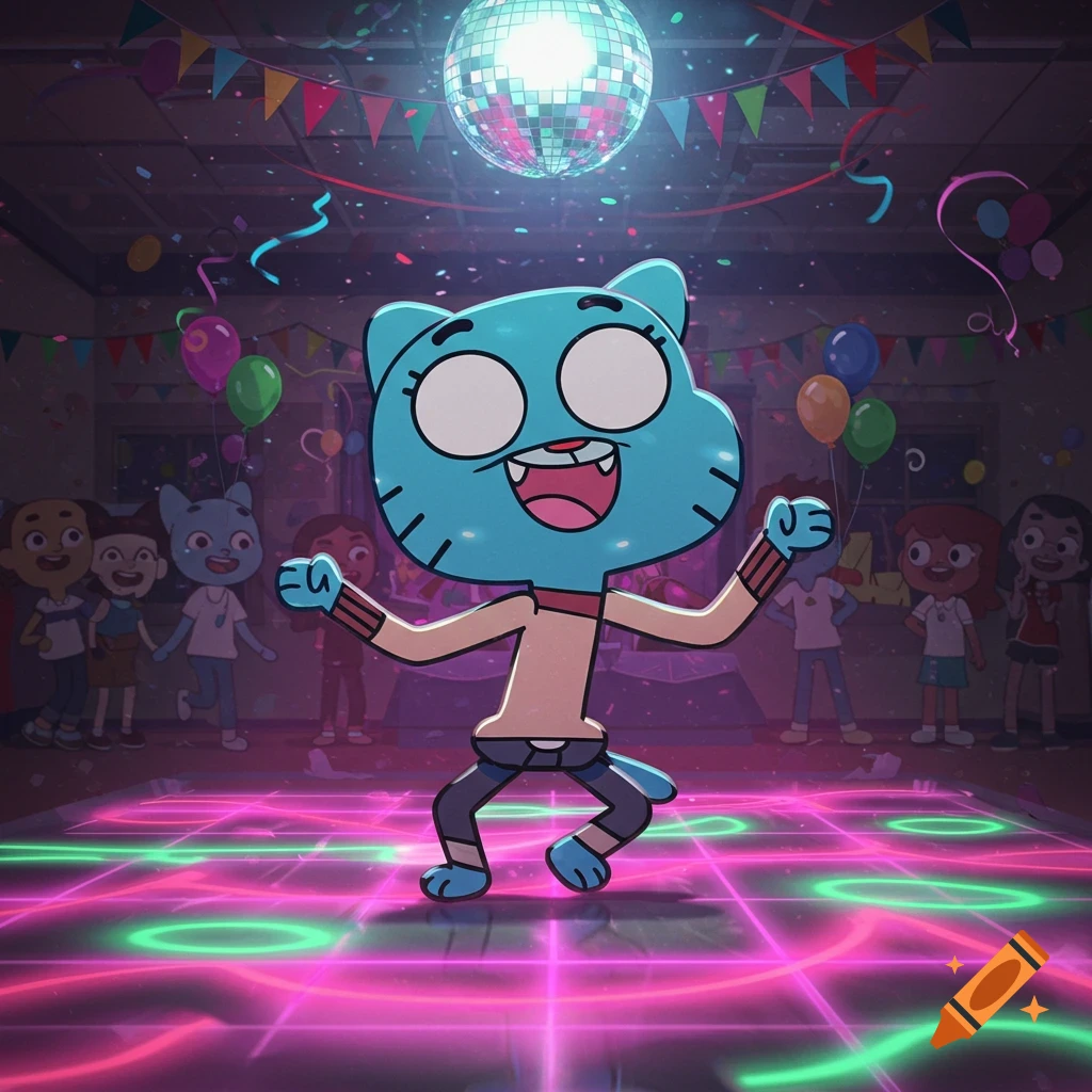 Gumball Watterson, a blue cartoon cat, dances enthusiastically on a neon-lit disco floor at a party with other cartoon children.