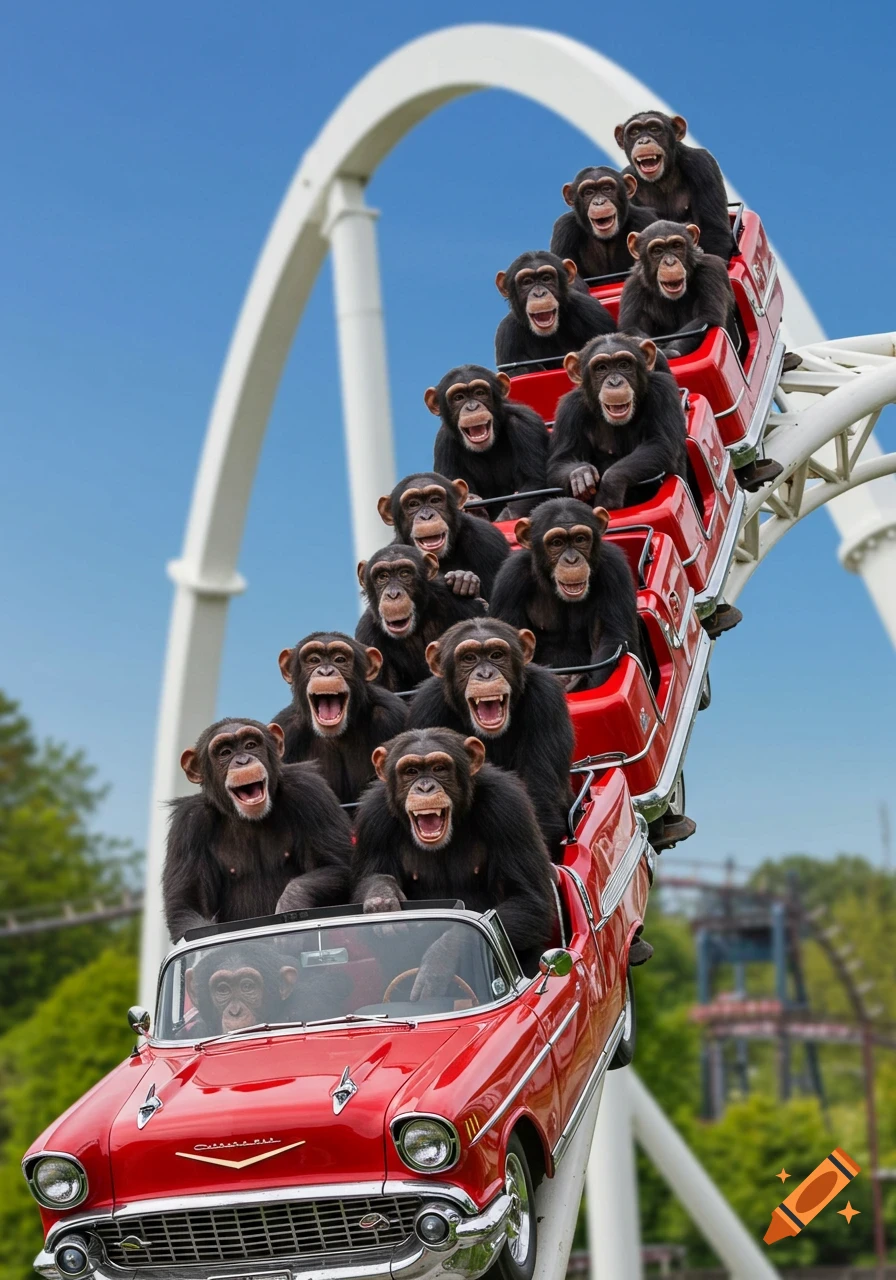 A troop of chimpanzees riding a red 1950s car-themed rollercoaster up a large white arch. Photorealistic style.