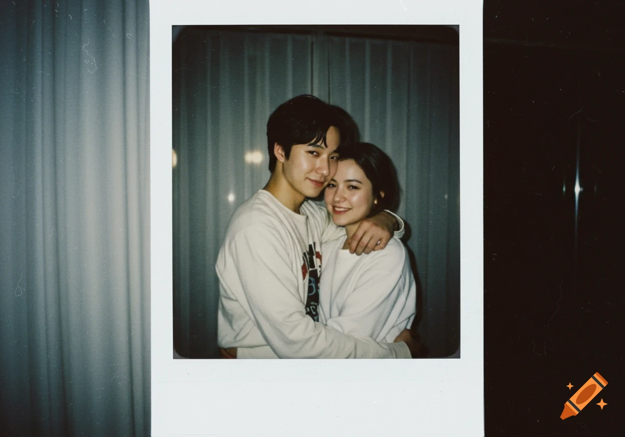 A young couple smiles while hugging, depicted in a vintage-style polaroid photograph.