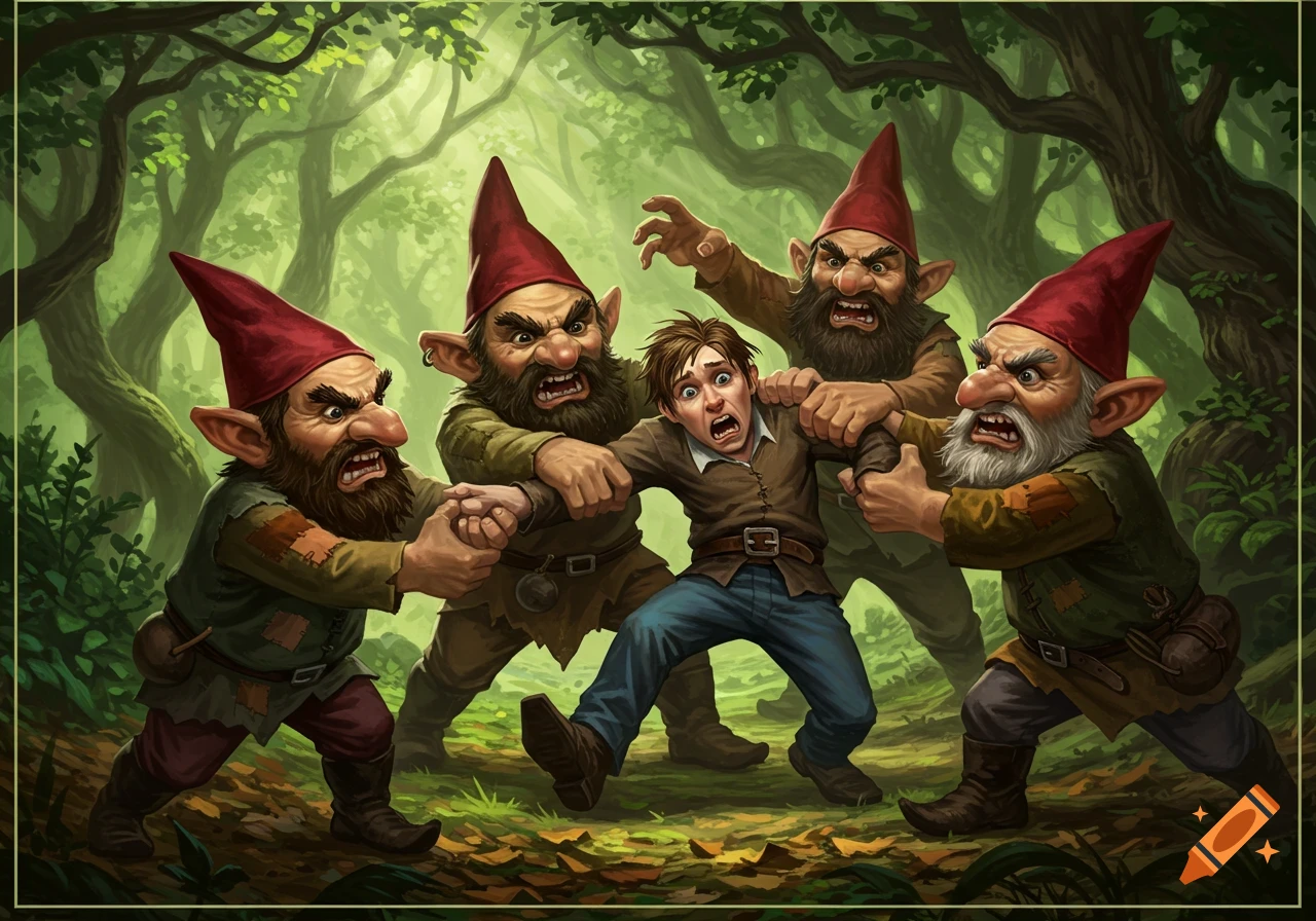 Four angry gnomes with red hats and beards grapple a frightened human in a lush green forest.