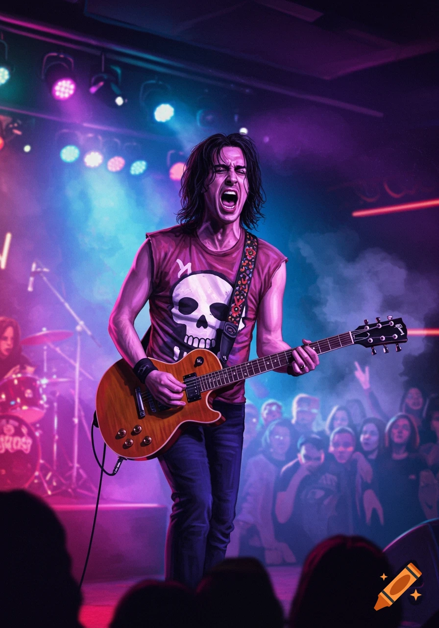 An energetic male guitarist with long dark hair, wearing a skull shirt, yells and plays electric guitar on a stage under purple and blue lights.