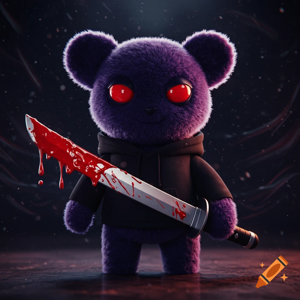 Dark purple fluffy toy bear in a black hoodie with glowing red eyes holding a blood-covered sword.