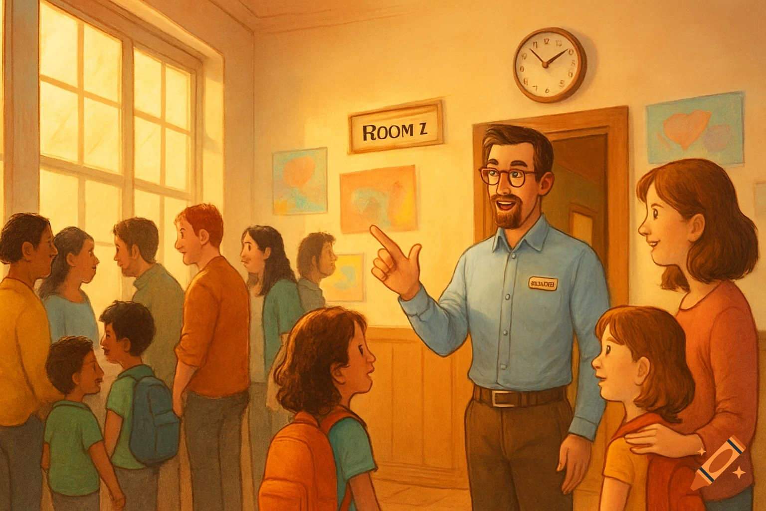 An illustration of a diverse group of children and adults, possibly parents and a teacher, gathered in a brightly lit school hallway with a sign for 'ROOM Z'.