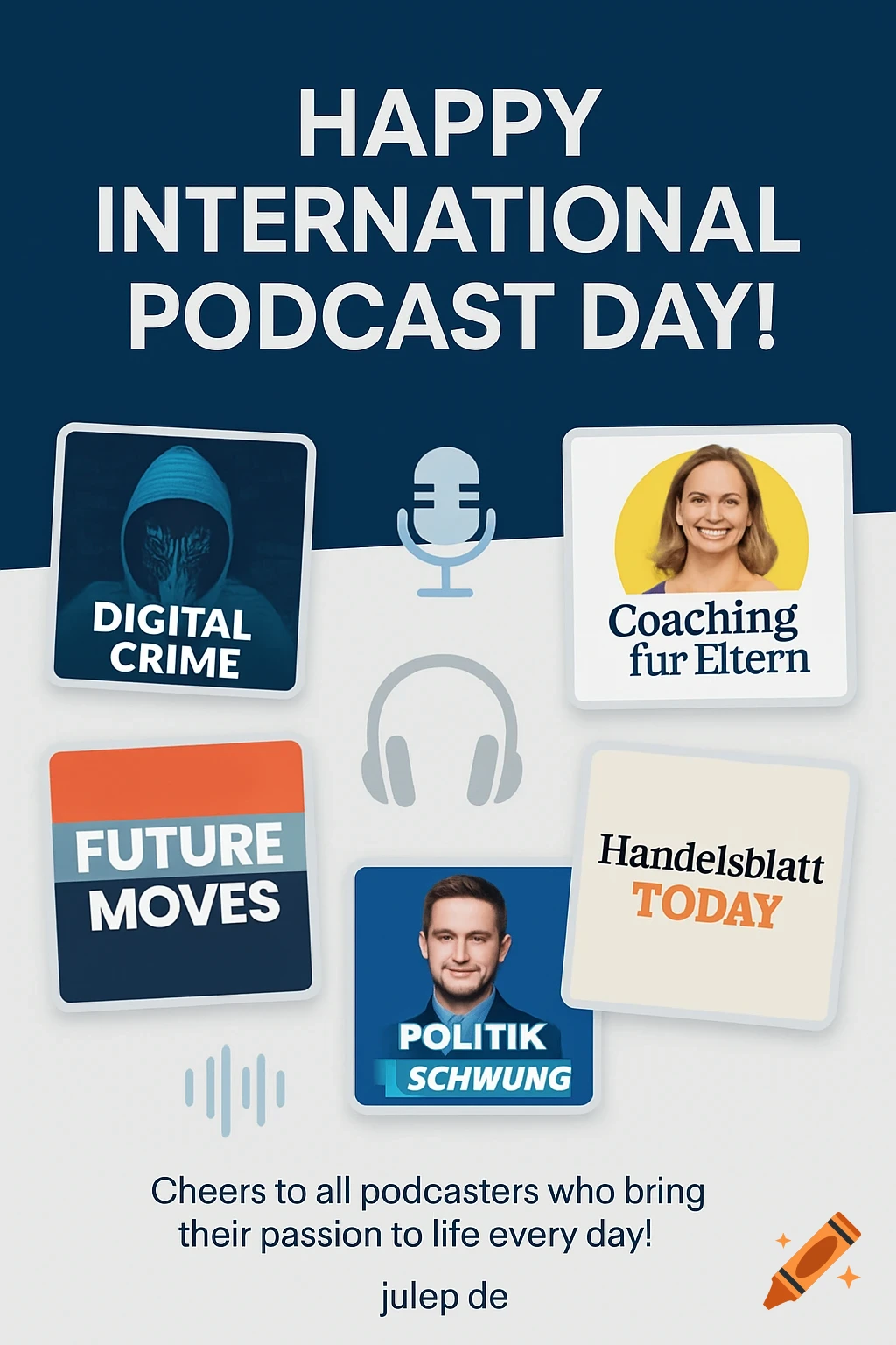 Happy International Podcast Day graphic with various podcast covers, a microphone, and headphones on a blue and white background.