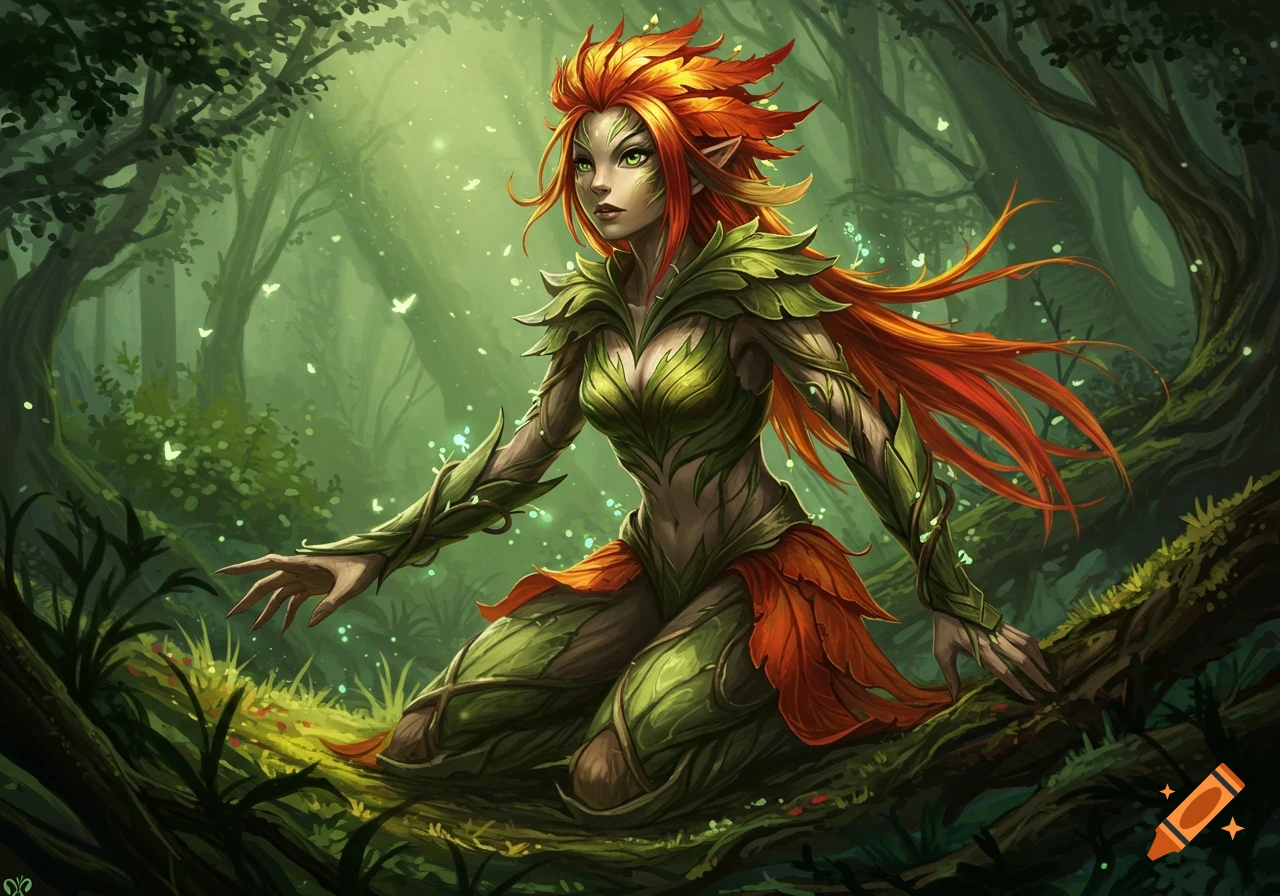 A vibrant female Sylvari with fiery red leaves for hair and green leaf armor kneels in a magical, lush forest.