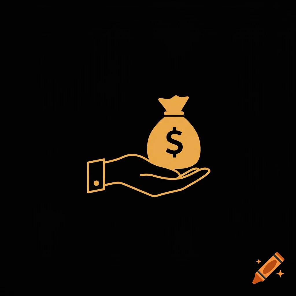 A stylized gold icon of a hand holding a money bag with a dollar sign on a black background.