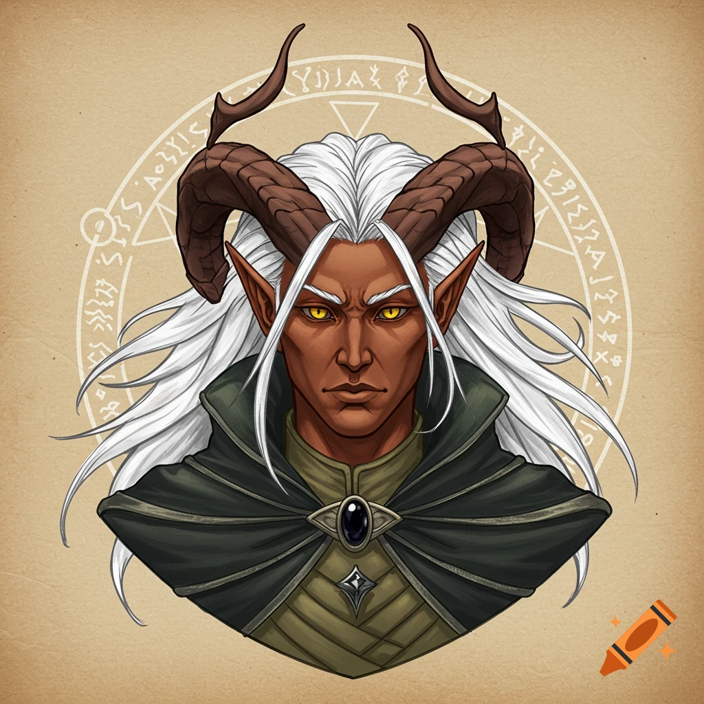 Bust of a tan-skinned tiefling with white hair, brown horns, and yellow eyes, wearing a dark cape against a runic background.