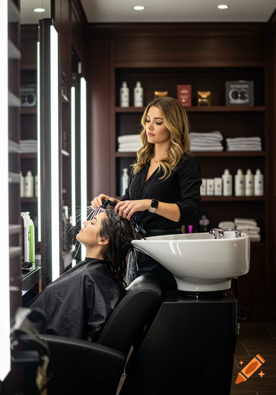 A blonde hairdresser washes a client's hair in a modern salon with dark wood shelves and white products in the background.